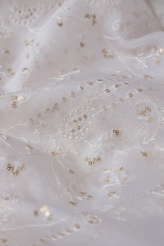 White Thread With Sequins Floral Embroidery On Dyeable White Organza Fabric
