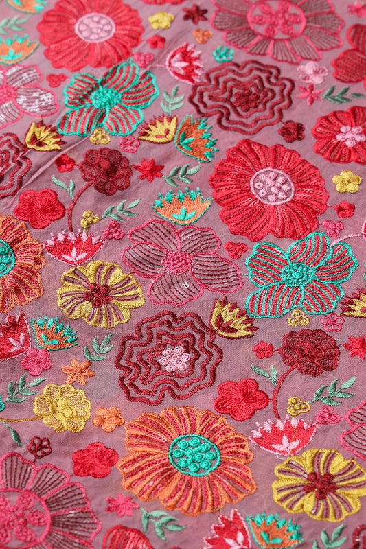 AIzaSyBcstauz-XMPRhEY21AUzeo032pxrXB5Ug - Attractive Multi Color Thread With Sequins Floral Embroidery On Gajri Pink Viscose Georgette Fabric