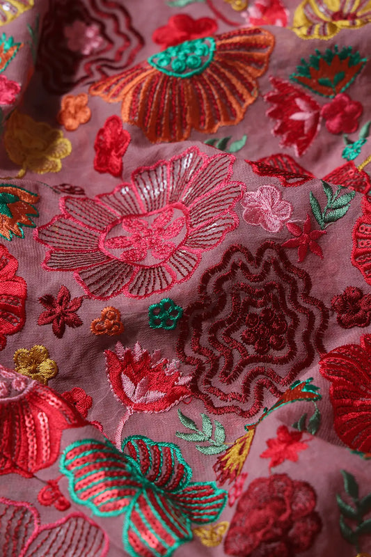 AIzaSyBcstauz-XMPRhEY21AUzeo032pxrXB5Ug - Attractive Multi Color Thread With Sequins Floral Embroidery On Gajri Pink Viscose Georgette Fabric