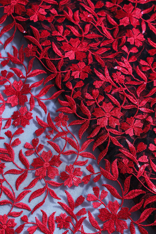 Red Thread With Sequins Floral Heavy Embroidery On Red Soft Net Fabric