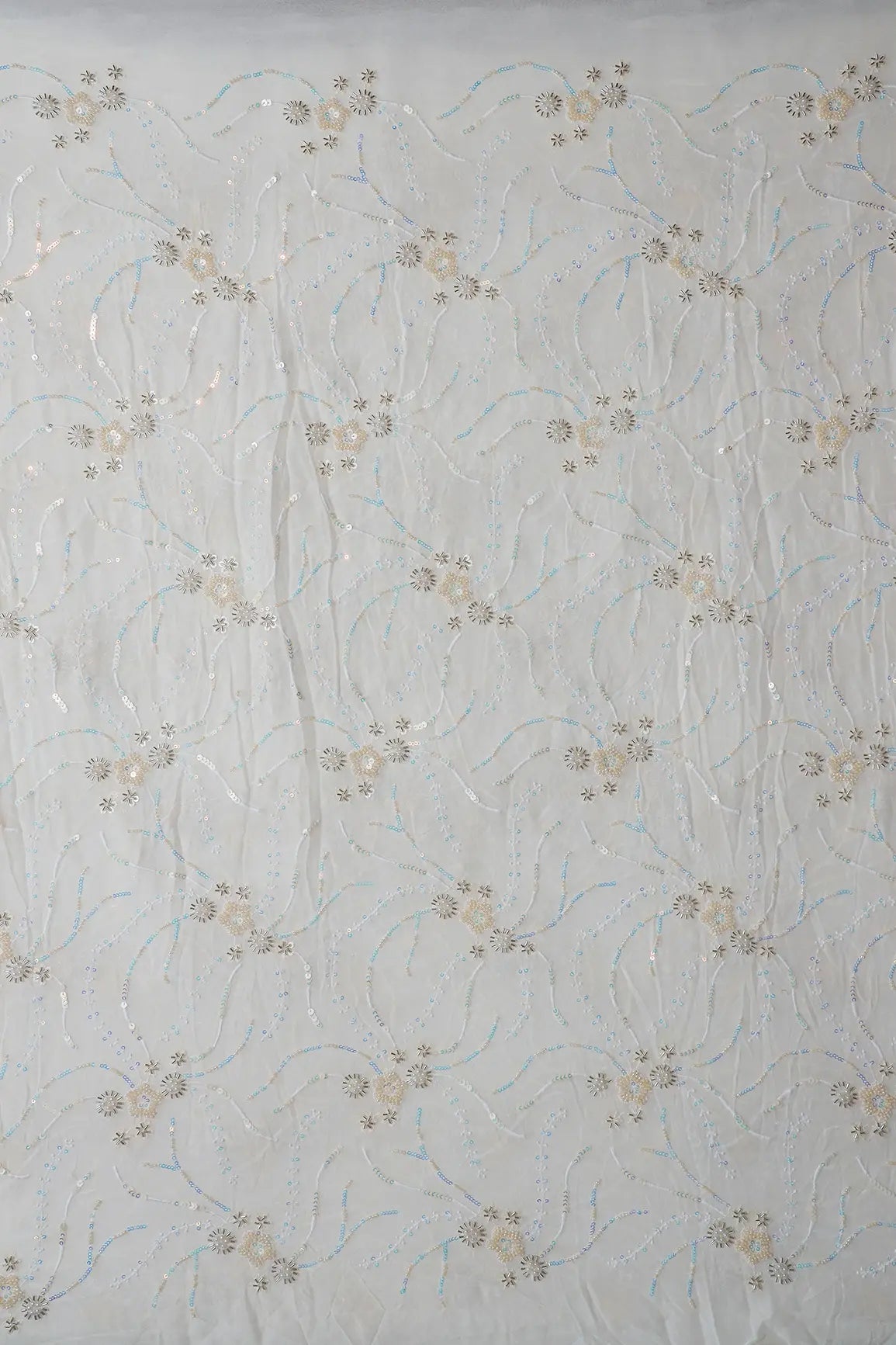 AIzaSyBcstauz-XMPRhEY21AUzeo032pxrXB5Ug - Beautiful Rainbow Sequins With Beads Floral Embroidery On White Viscose Georgette Fabric