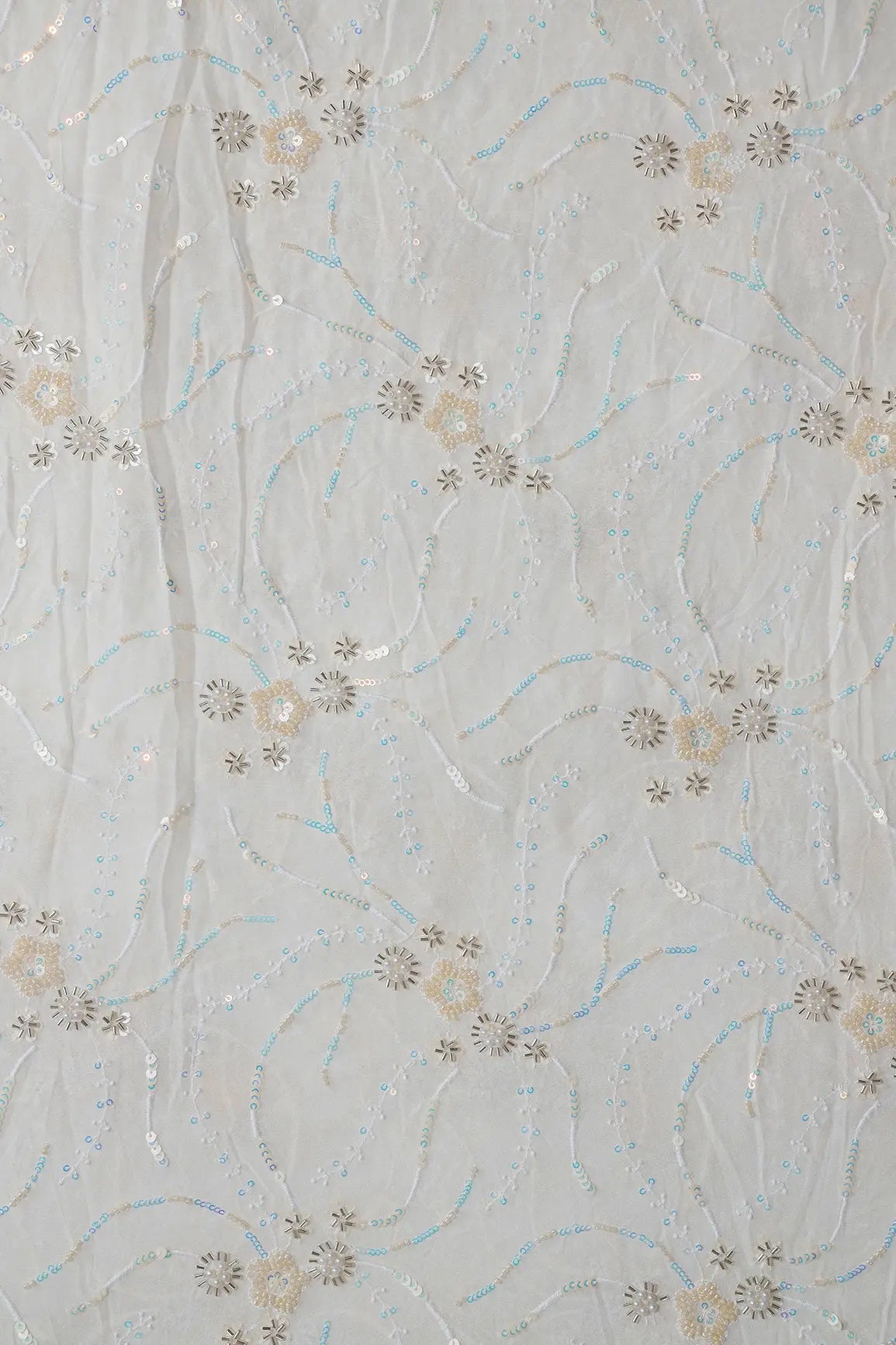 AIzaSyBcstauz-XMPRhEY21AUzeo032pxrXB5Ug - Beautiful Rainbow Sequins With Beads Floral Embroidery On White Viscose Georgette Fabric