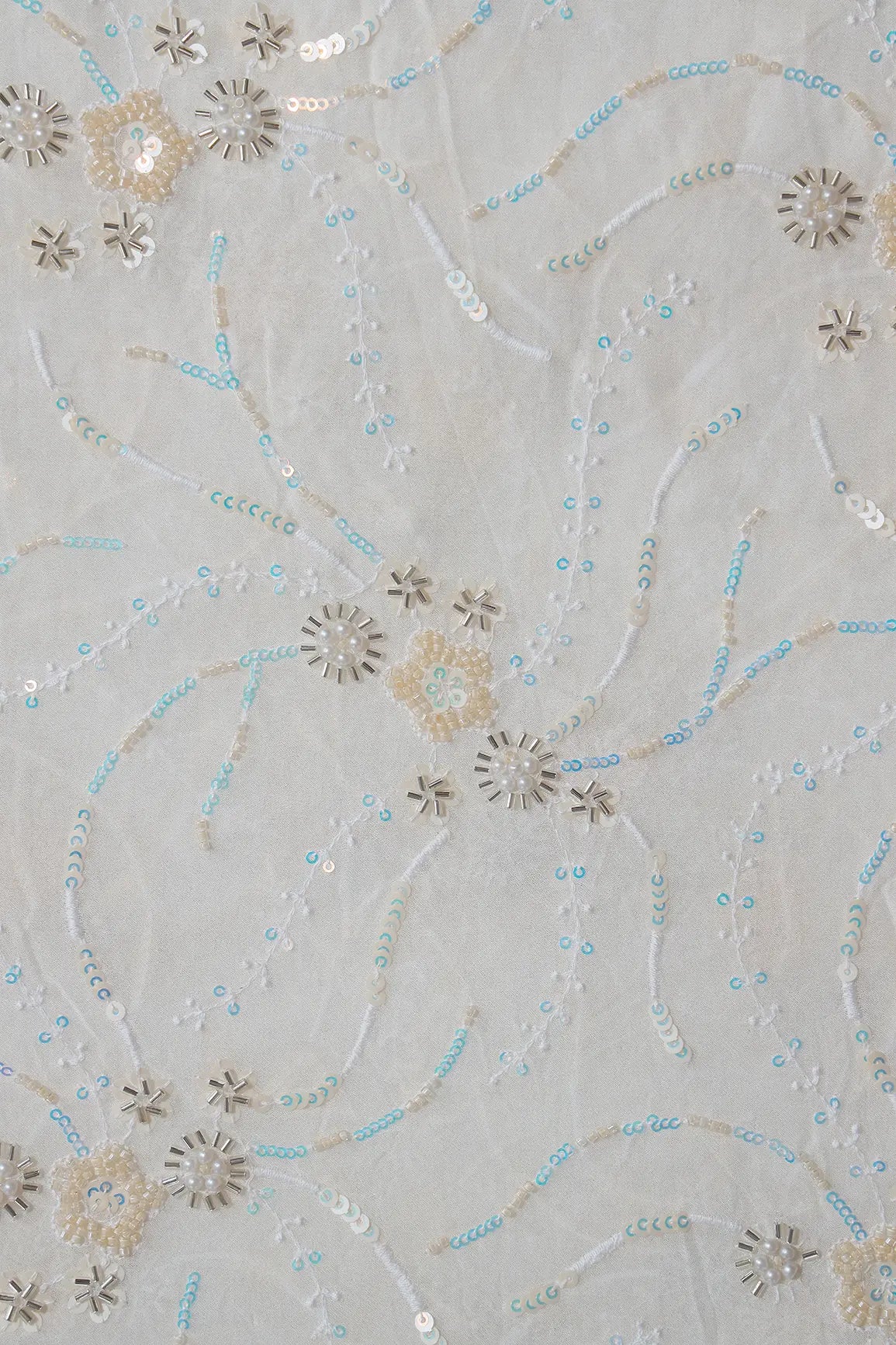 AIzaSyBcstauz-XMPRhEY21AUzeo032pxrXB5Ug - Beautiful Rainbow Sequins With Beads Floral Embroidery On White Viscose Georgette Fabric