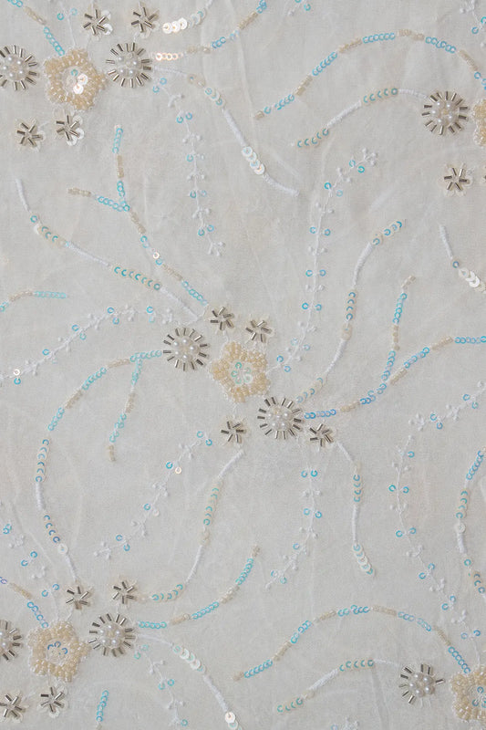 AIzaSyBcstauz-XMPRhEY21AUzeo032pxrXB5Ug - Beautiful Rainbow Sequins With Beads Floral Embroidery On White Viscose Georgette Fabric