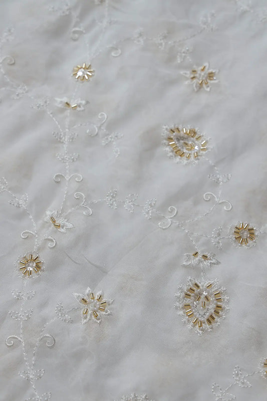 AIzaSyBcstauz-XMPRhEY21AUzeo032pxrXB5Ug - Beautiful Sequins With Beads Floral Embroidery On White Viscose Georgette Fabric