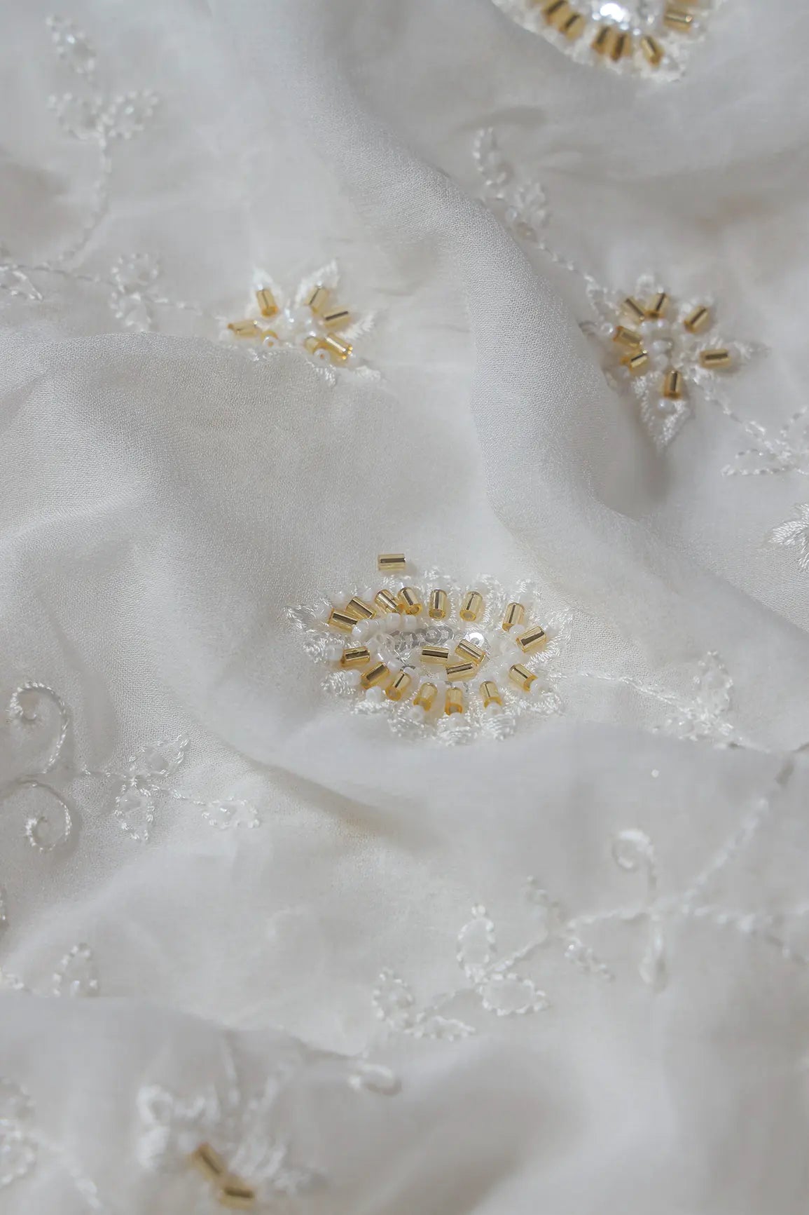 AIzaSyBcstauz-XMPRhEY21AUzeo032pxrXB5Ug - Beautiful Sequins With Beads Floral Embroidery On White Viscose Georgette Fabric