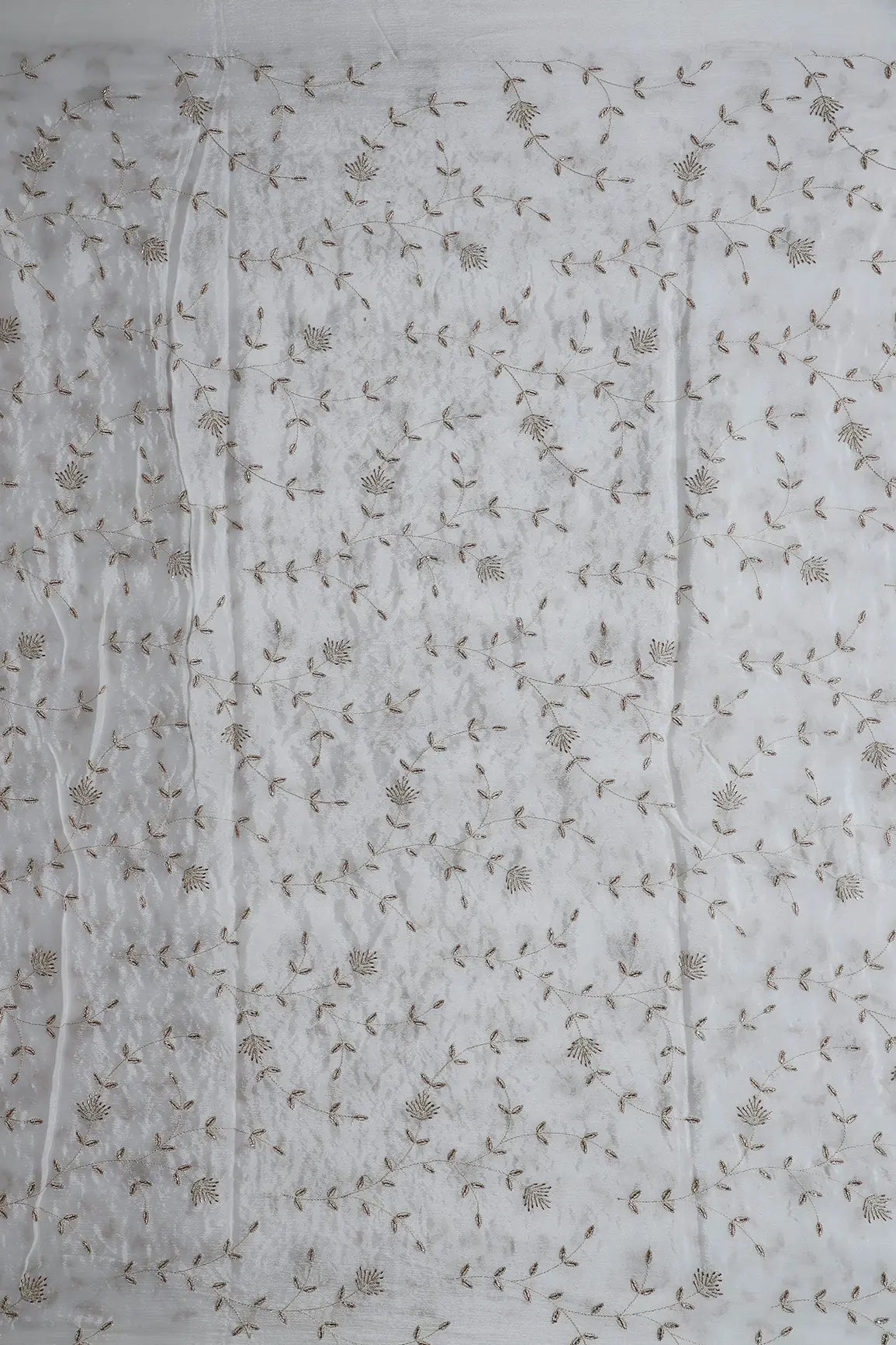 AIzaSyBcstauz-XMPRhEY21AUzeo032pxrXB5Ug - Gold Zari With Beads Beautiful Leafy Embroidery Work On White Dyeable Chinnon Chiffon Fabric