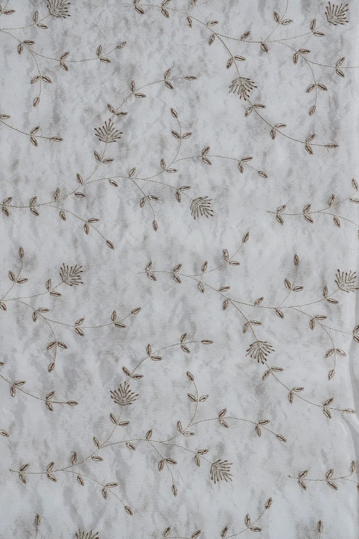 AIzaSyBcstauz-XMPRhEY21AUzeo032pxrXB5Ug - Gold Zari With Beads Beautiful Leafy Embroidery Work On White Dyeable Chinnon Chiffon Fabric