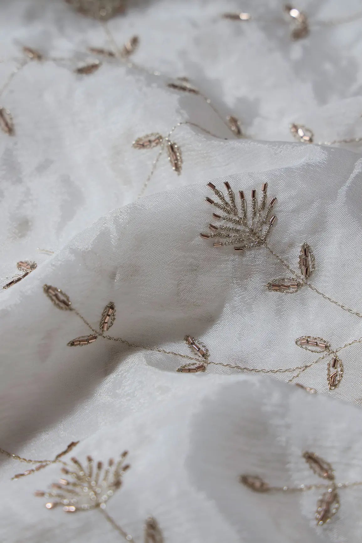 AIzaSyBcstauz-XMPRhEY21AUzeo032pxrXB5Ug - Gold Zari With Beads Beautiful Leafy Embroidery Work On White Dyeable Chinnon Chiffon Fabric