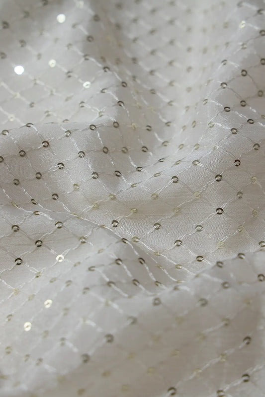 Small Check Gold Sequins Embroidery Work On White Dyeable Chinnon Chiffon Fabric