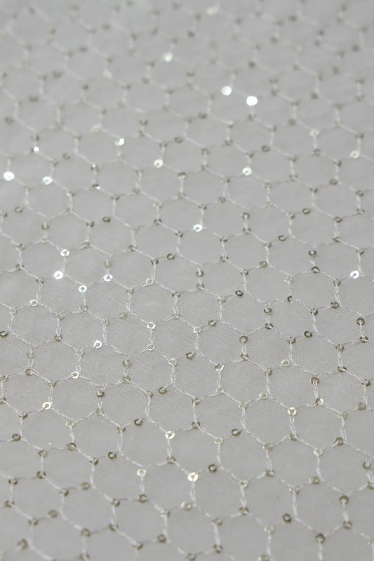 Small Trellis Gold Sequins Embroidery Work On White Dyeable Chinnon Chiffon Fabric