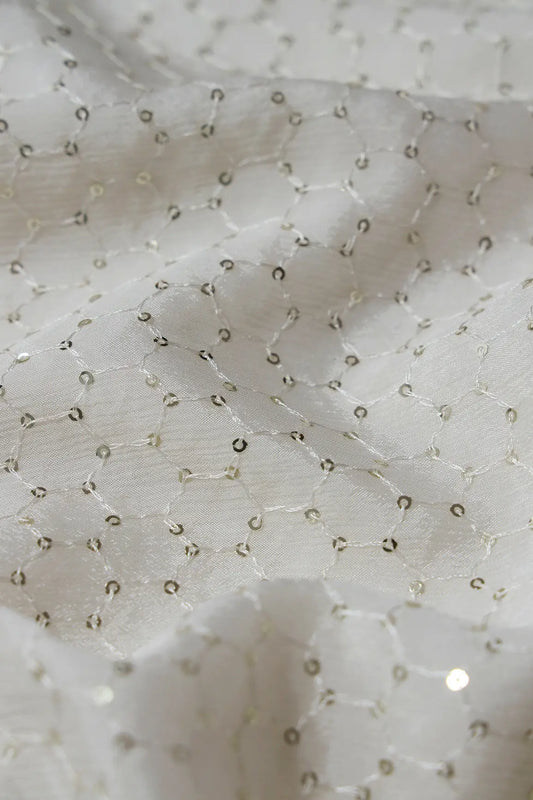 Small Trellis Gold Sequins Embroidery Work On White Dyeable Chinnon Chiffon Fabric