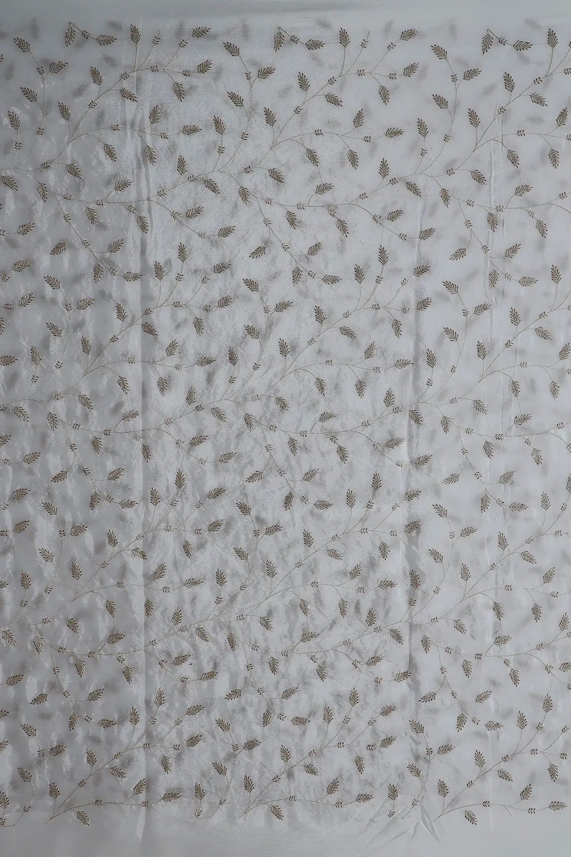 AIzaSyBcstauz-XMPRhEY21AUzeo032pxrXB5Ug - Gold Zari With Beads Leafy Embroidery Work On White Dyeable Chinnon Chiffon Fabric