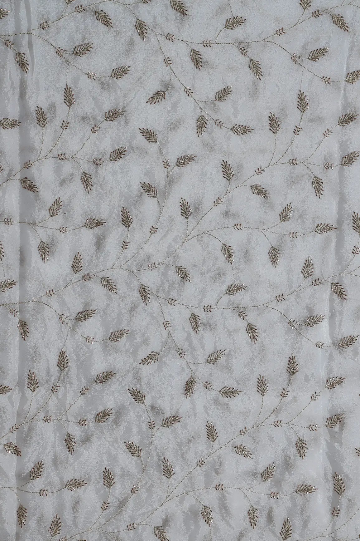 AIzaSyBcstauz-XMPRhEY21AUzeo032pxrXB5Ug - Gold Zari With Beads Leafy Embroidery Work On White Dyeable Chinnon Chiffon Fabric