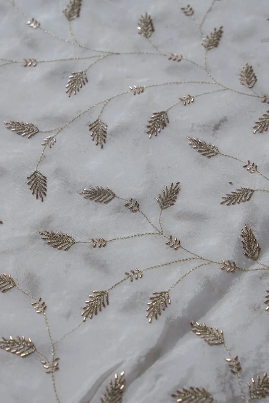 AIzaSyBcstauz-XMPRhEY21AUzeo032pxrXB5Ug - Gold Zari With Beads Leafy Embroidery Work On White Dyeable Chinnon Chiffon Fabric