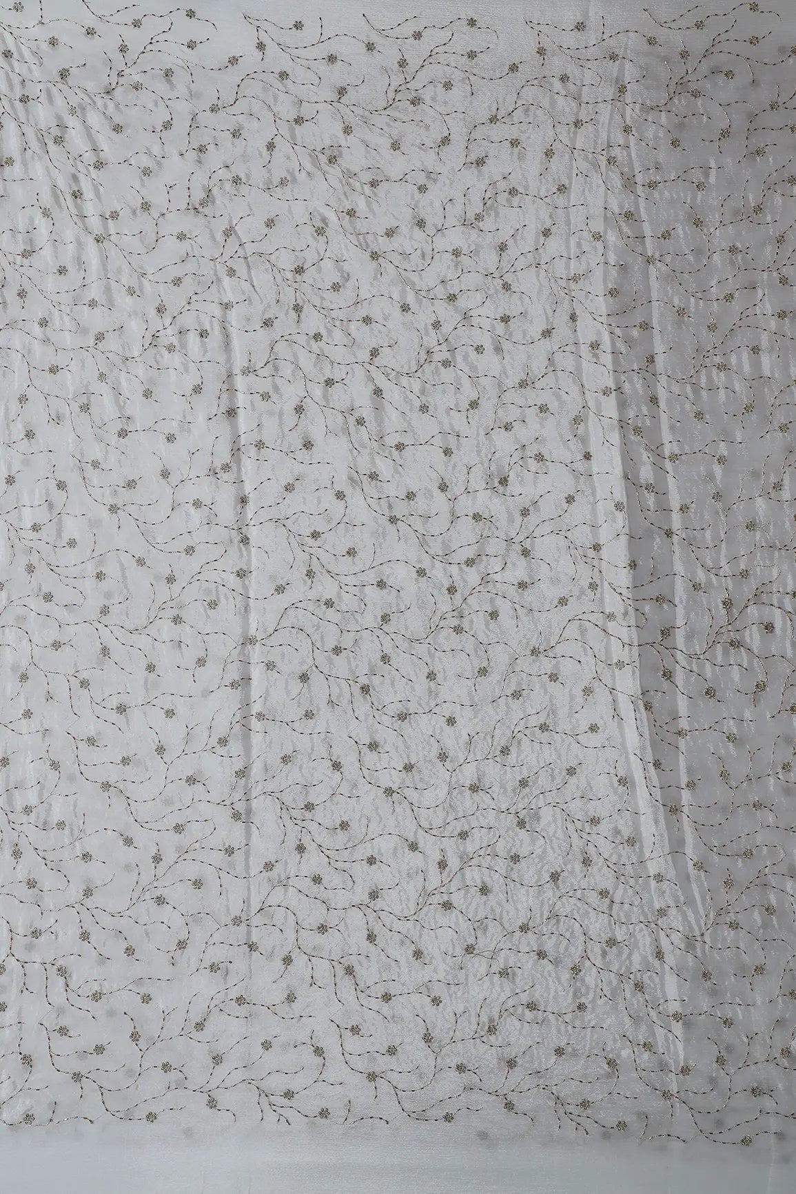 AIzaSyBcstauz-XMPRhEY21AUzeo032pxrXB5Ug - Gold Zari With Beads Floral Leafy Embroidery Work On White Dyeable Chinnon Chiffon Fabric