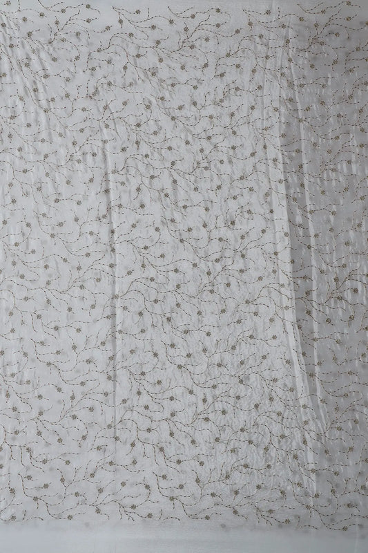 AIzaSyBcstauz-XMPRhEY21AUzeo032pxrXB5Ug - Gold Zari With Beads Floral Leafy Embroidery Work On White Dyeable Chinnon Chiffon Fabric