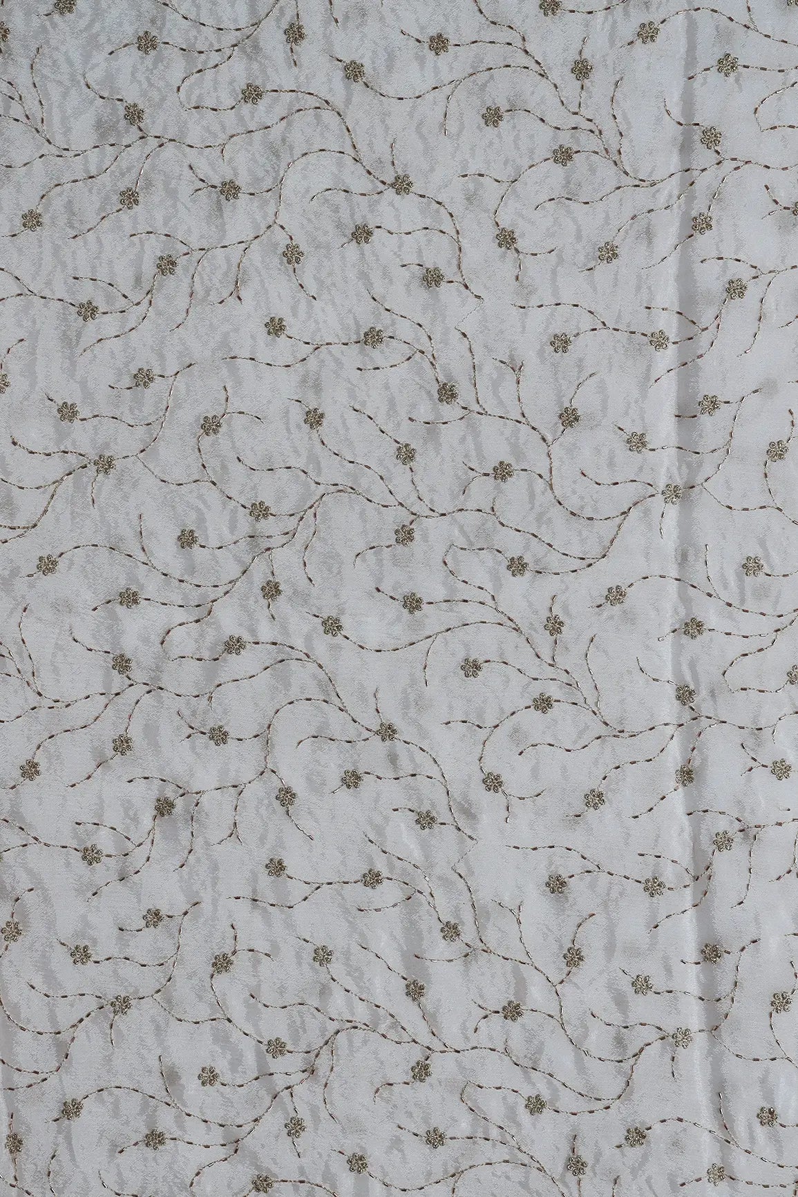 AIzaSyBcstauz-XMPRhEY21AUzeo032pxrXB5Ug - Gold Zari With Beads Floral Leafy Embroidery Work On White Dyeable Chinnon Chiffon Fabric