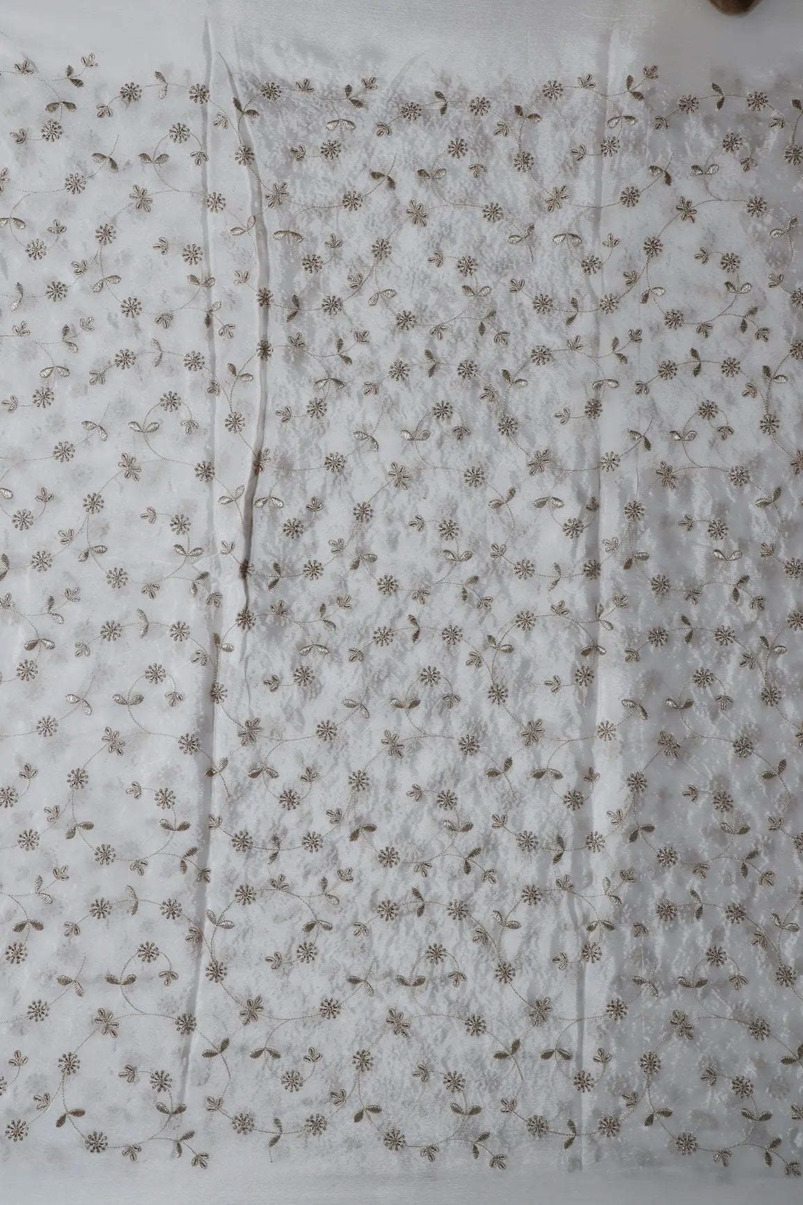 AIzaSyBcstauz-XMPRhEY21AUzeo032pxrXB5Ug - Gold Zari With Beads Floral Embroidery Work On White Dyeable Chinnon Chiffon Fabric