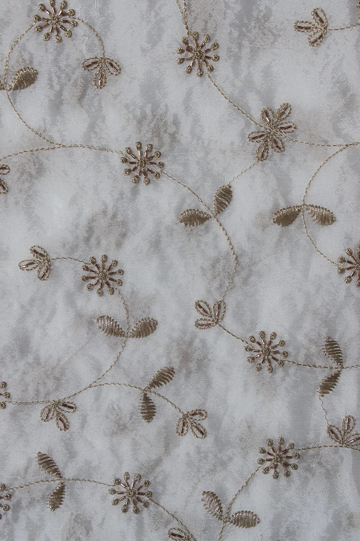 AIzaSyBcstauz-XMPRhEY21AUzeo032pxrXB5Ug - Gold Zari With Beads Floral Embroidery Work On White Dyeable Chinnon Chiffon Fabric