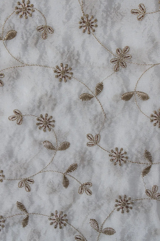 AIzaSyBcstauz-XMPRhEY21AUzeo032pxrXB5Ug - Gold Zari With Beads Floral Embroidery Work On White Dyeable Chinnon Chiffon Fabric