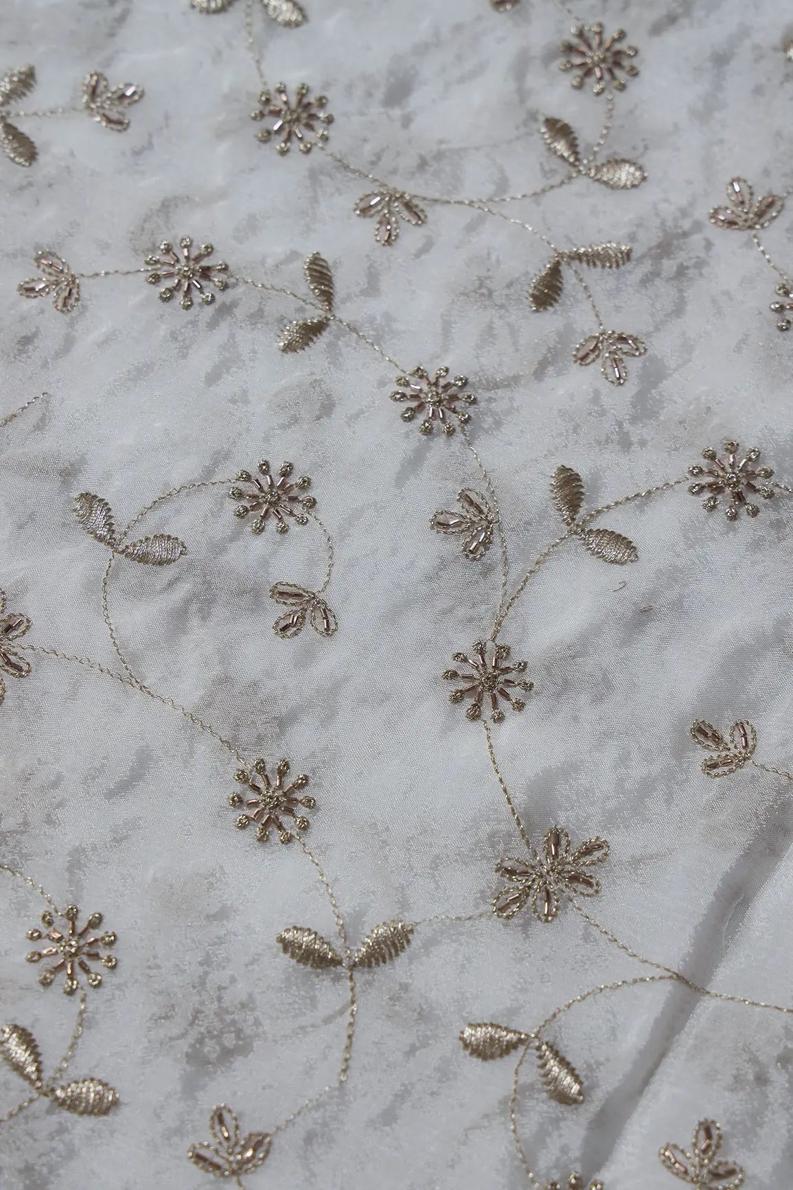 AIzaSyBcstauz-XMPRhEY21AUzeo032pxrXB5Ug - Gold Zari With Beads Floral Embroidery Work On White Dyeable Chinnon Chiffon Fabric