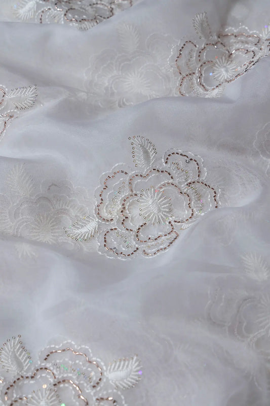 Small Sequins With Beads And Thread Work Floral Embroidery On Dyeable White Organza Fabric