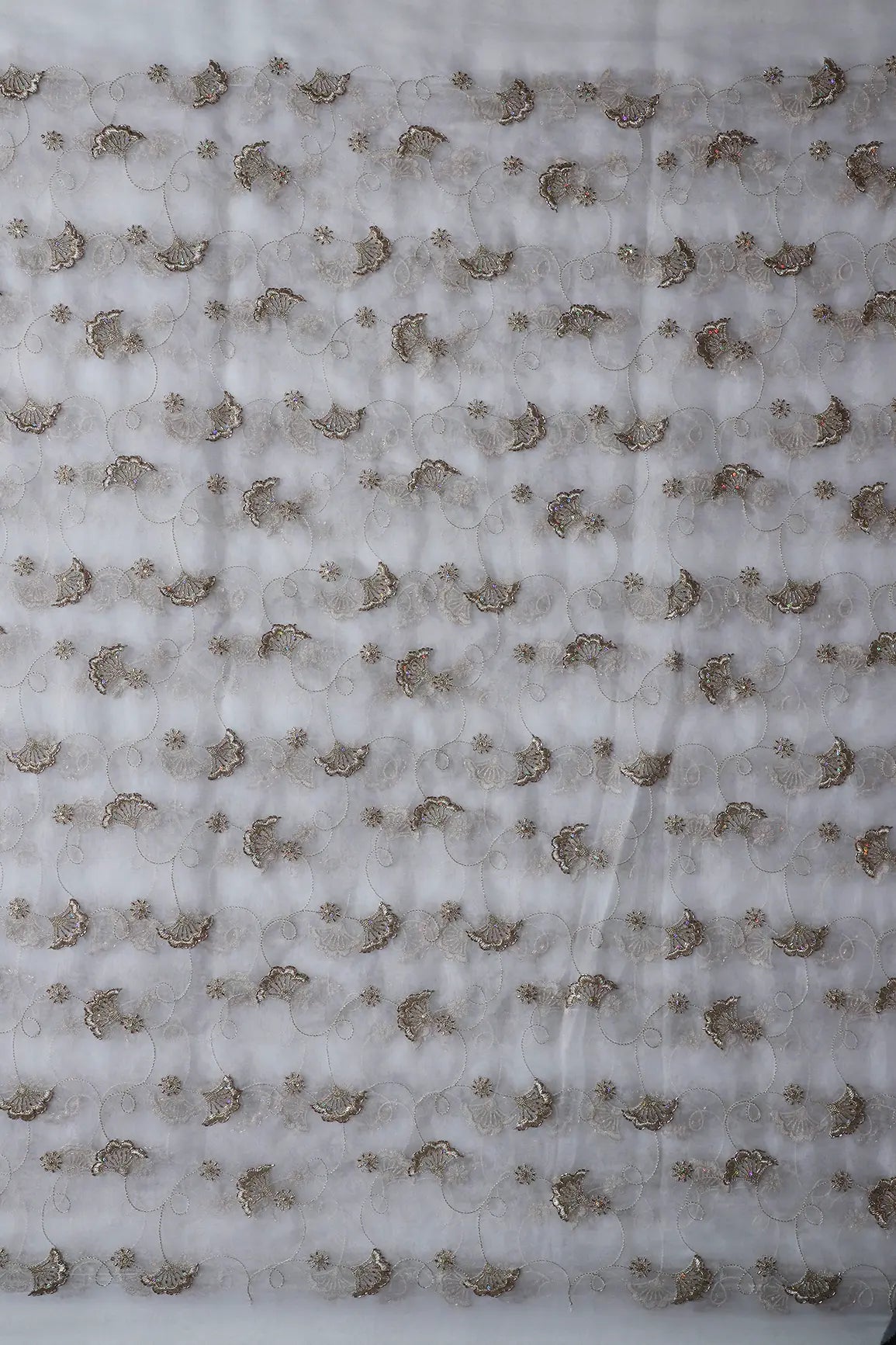 AIzaSyBcstauz-XMPRhEY21AUzeo032pxrXB5Ug - Gold Zari With Beads Beautiful Floral Embroidery On Dyeable White Organza Fabric