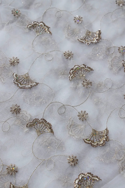 AIzaSyBcstauz-XMPRhEY21AUzeo032pxrXB5Ug - Gold Zari With Beads Beautiful Floral Embroidery On Dyeable White Organza Fabric