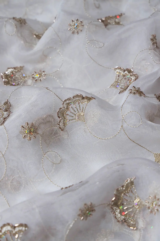 AIzaSyBcstauz-XMPRhEY21AUzeo032pxrXB5Ug - Gold Zari With Beads Beautiful Floral Embroidery On Dyeable White Organza Fabric