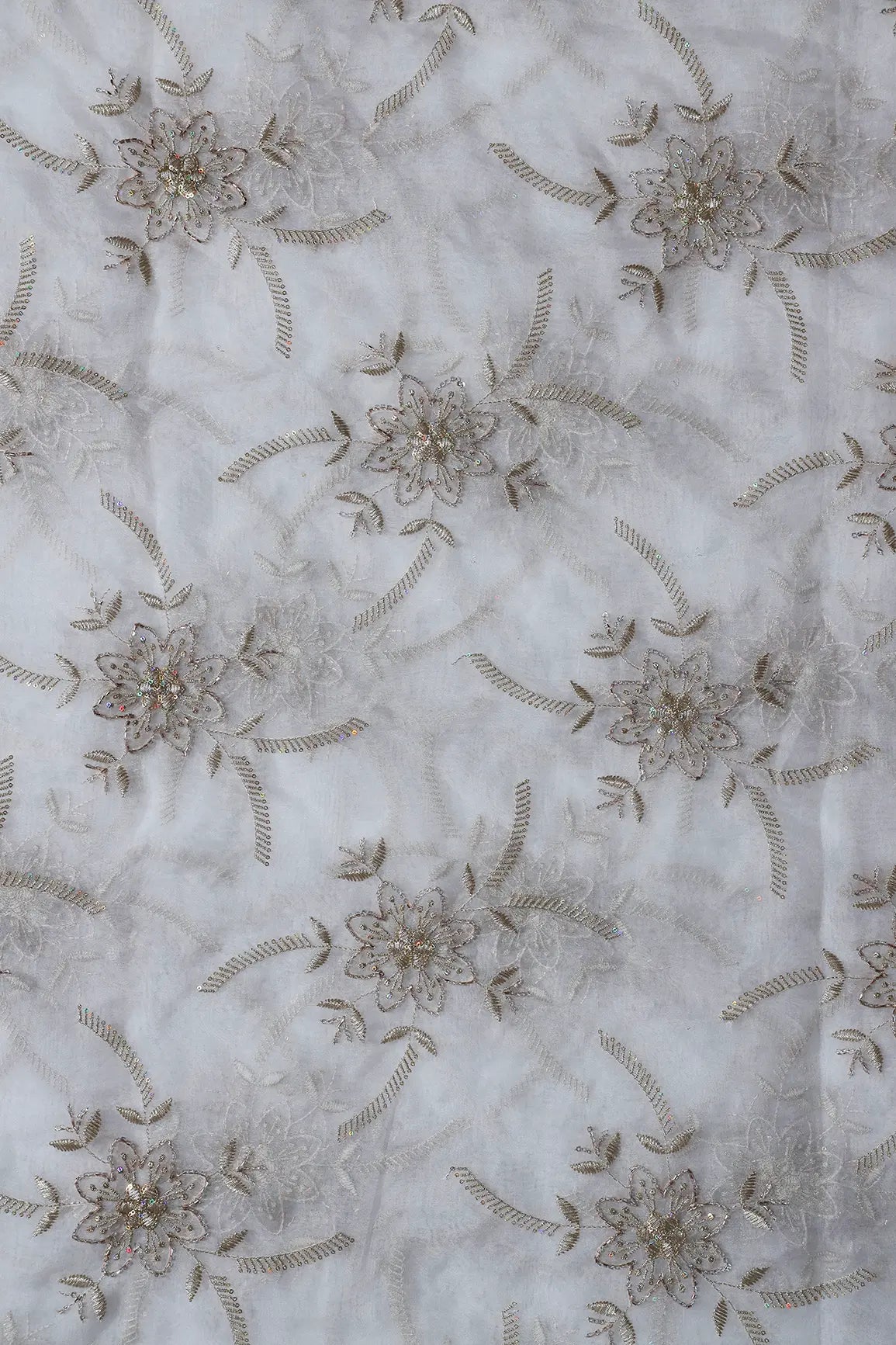 AIzaSyBcstauz-XMPRhEY21AUzeo032pxrXB5Ug - Gold Zari With Beads Floral Embroidery On Dyeable White Organza Fabric