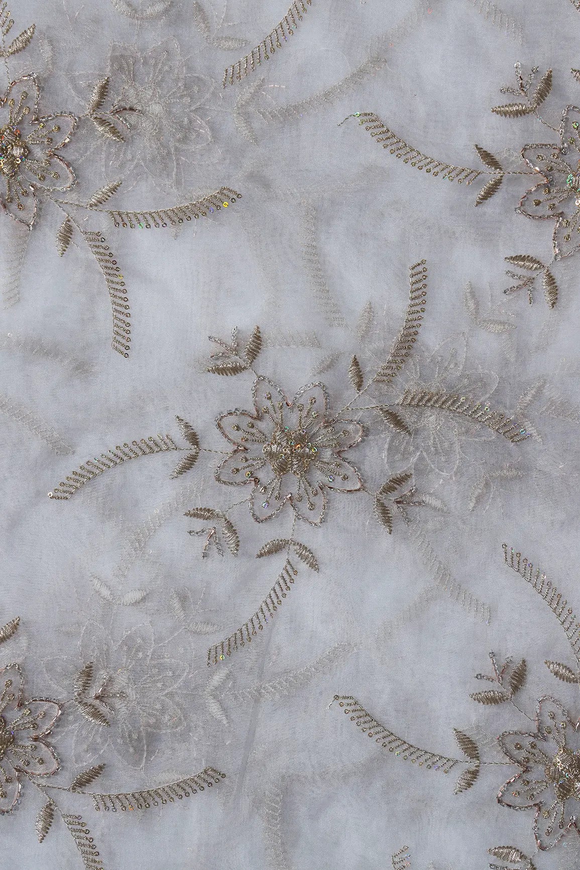 AIzaSyBcstauz-XMPRhEY21AUzeo032pxrXB5Ug - Gold Zari With Beads Floral Embroidery On Dyeable White Organza Fabric