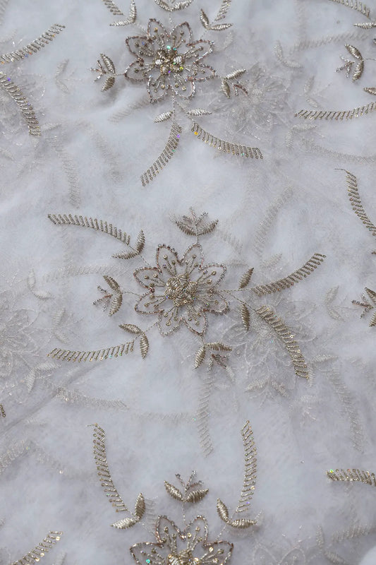 AIzaSyBcstauz-XMPRhEY21AUzeo032pxrXB5Ug - Gold Zari With Beads Floral Embroidery On Dyeable White Organza Fabric