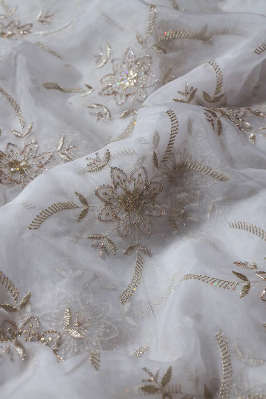 AIzaSyBcstauz-XMPRhEY21AUzeo032pxrXB5Ug - Gold Zari With Beads Floral Embroidery On Dyeable White Organza Fabric