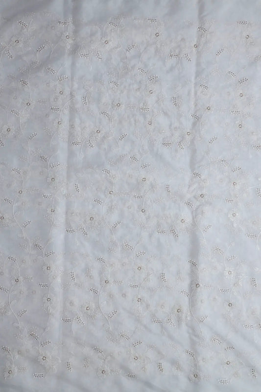 White Thread With Beads Leafy Embroidery On Dyeable White Organza Fabric