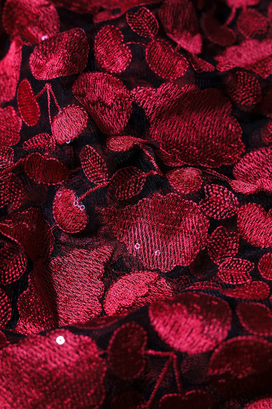 Red Thread With Water Sequins Beautiful Leafy Heavy Embroidery On Black Soft Net Fabric