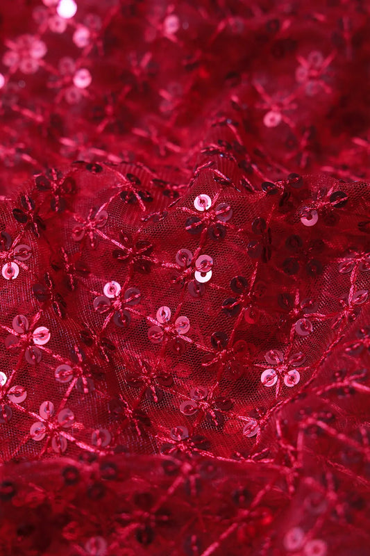 Red Thread With Red Sequins Small Checks Embroidery On Red Soft Net Fabric