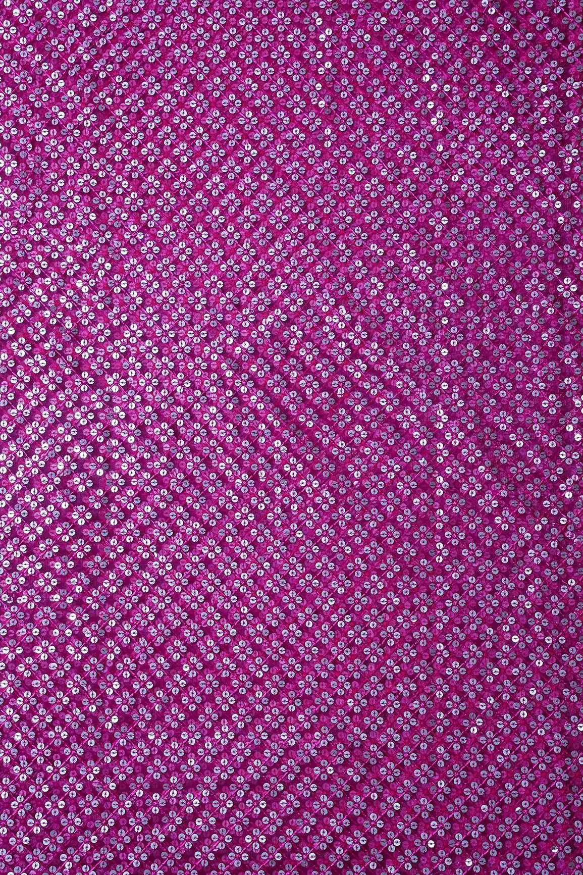 AIzaSyBcstauz-XMPRhEY21AUzeo032pxrXB5Ug - Fuchsia Thread With Gold Sequins Small Checks Embroidery On Fuchsia Soft Net Fabric