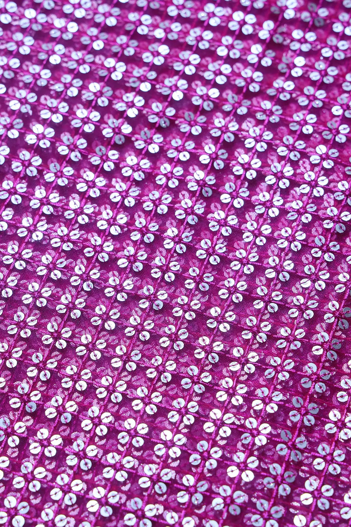 AIzaSyBcstauz-XMPRhEY21AUzeo032pxrXB5Ug - Fuchsia Thread With Gold Sequins Small Checks Embroidery On Fuchsia Soft Net Fabric