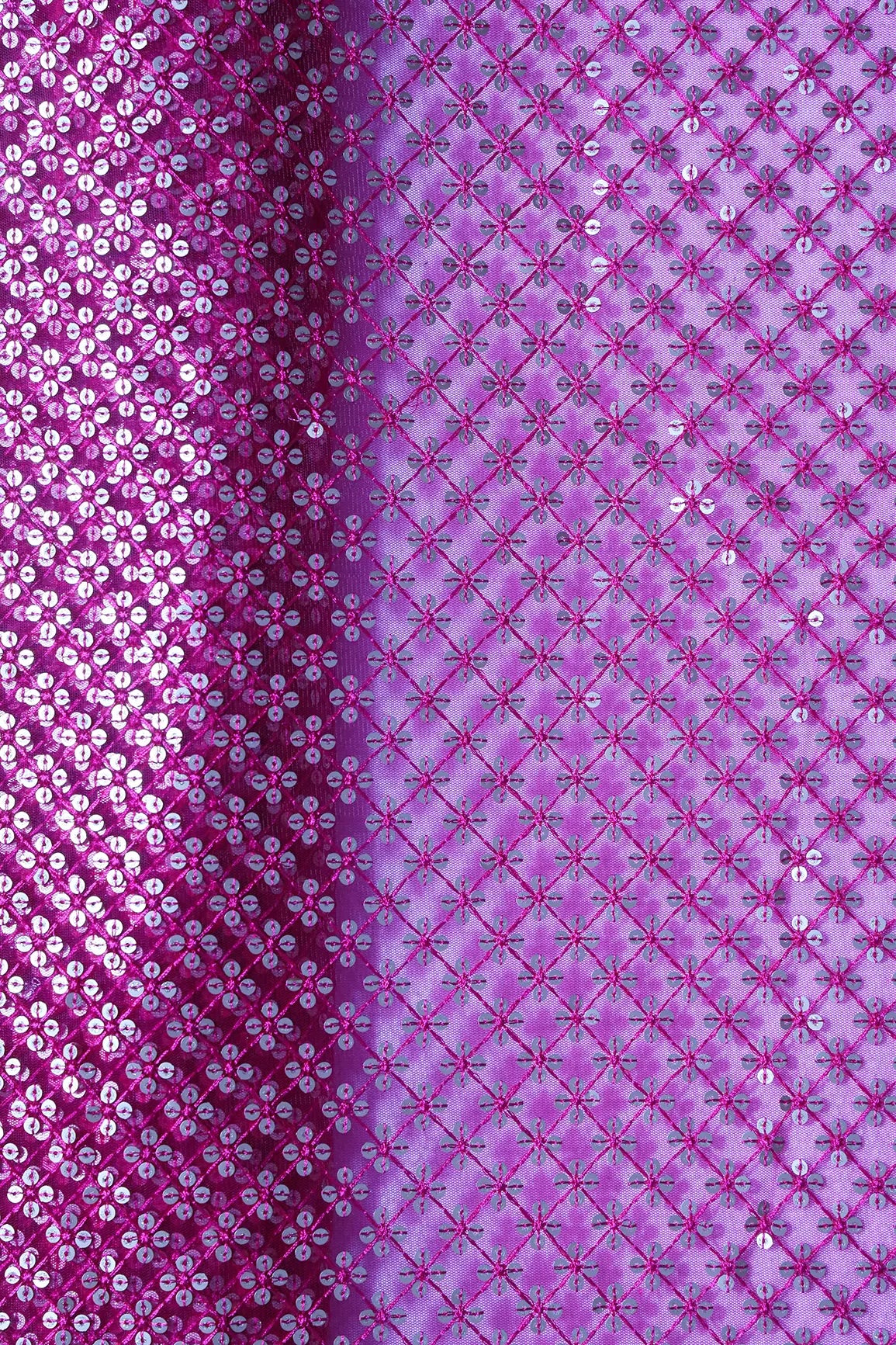 AIzaSyBcstauz-XMPRhEY21AUzeo032pxrXB5Ug - Fuchsia Thread With Gold Sequins Small Checks Embroidery On Fuchsia Soft Net Fabric