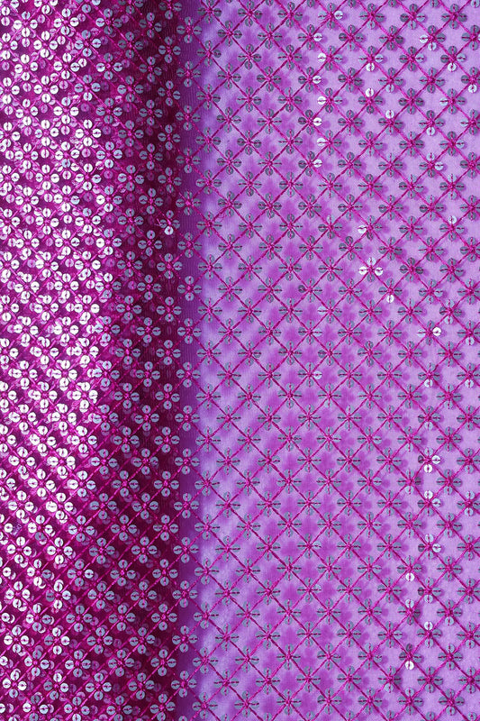 AIzaSyBcstauz-XMPRhEY21AUzeo032pxrXB5Ug - Fuchsia Thread With Gold Sequins Small Checks Embroidery On Fuchsia Soft Net Fabric