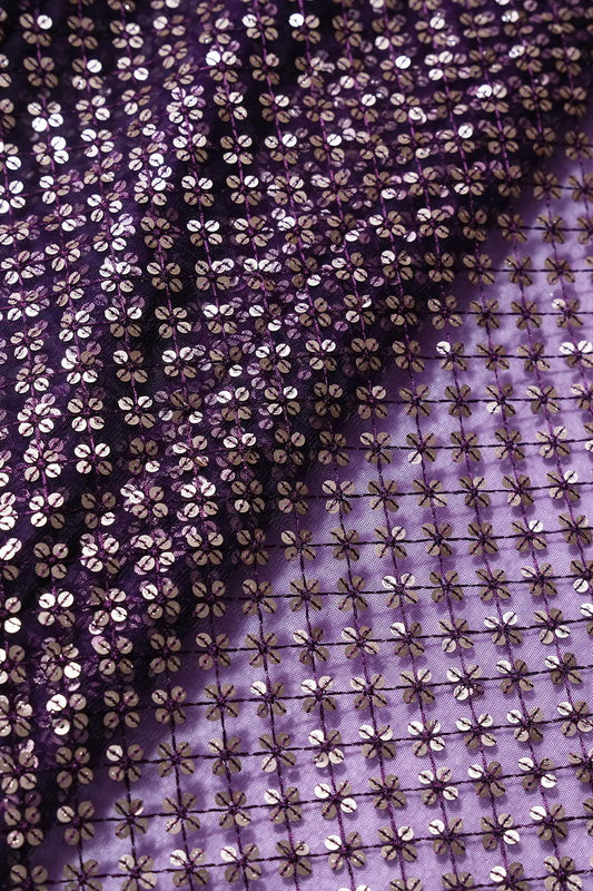 Wine Thread With Gold Sequins Small Checks Embroidery On Wine Soft Net Fabric