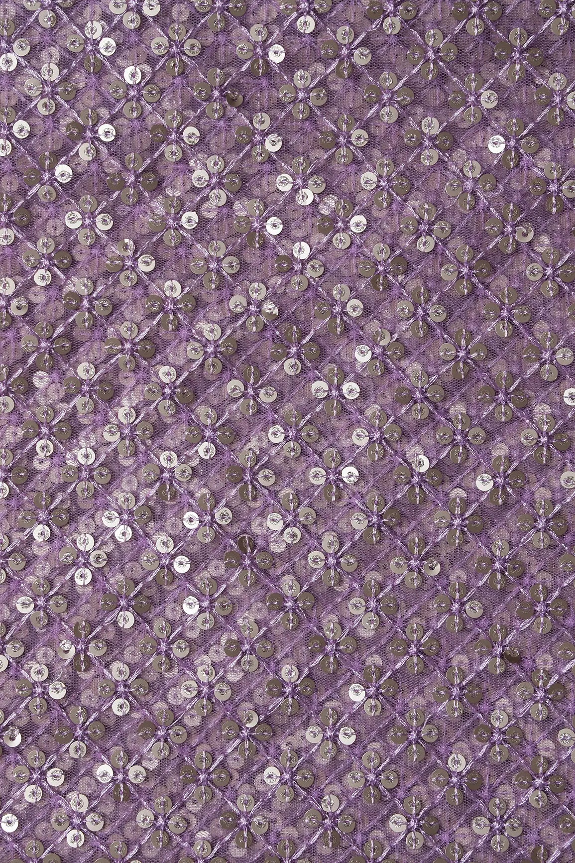 AIzaSyBcstauz-XMPRhEY21AUzeo032pxrXB5Ug - Lavender Thread With Gold Sequins Small Checks Embroidery On Lavender Soft Net Fabric
