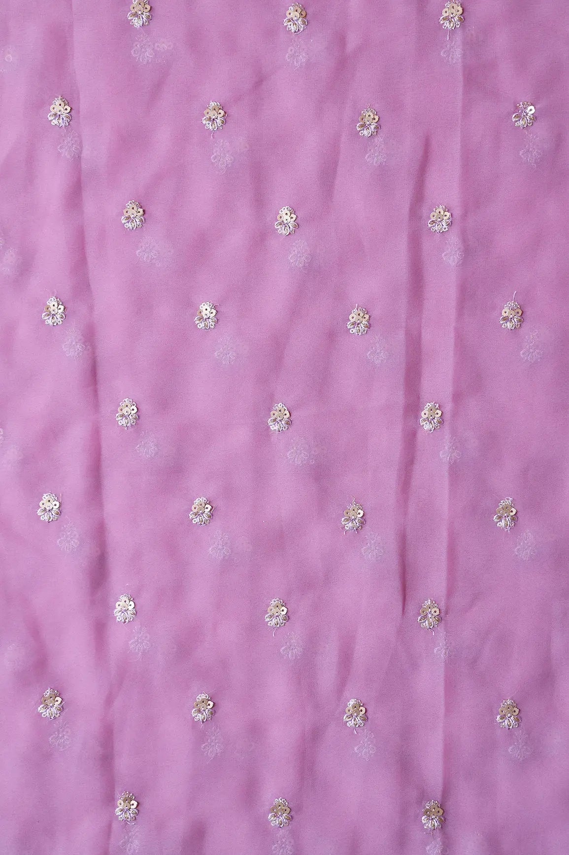 AIzaSyBcstauz-XMPRhEY21AUzeo032pxrXB5Ug - Gold Sequins With Zari Small Floral Booti Embroidery On Mauve Georgette Fabric