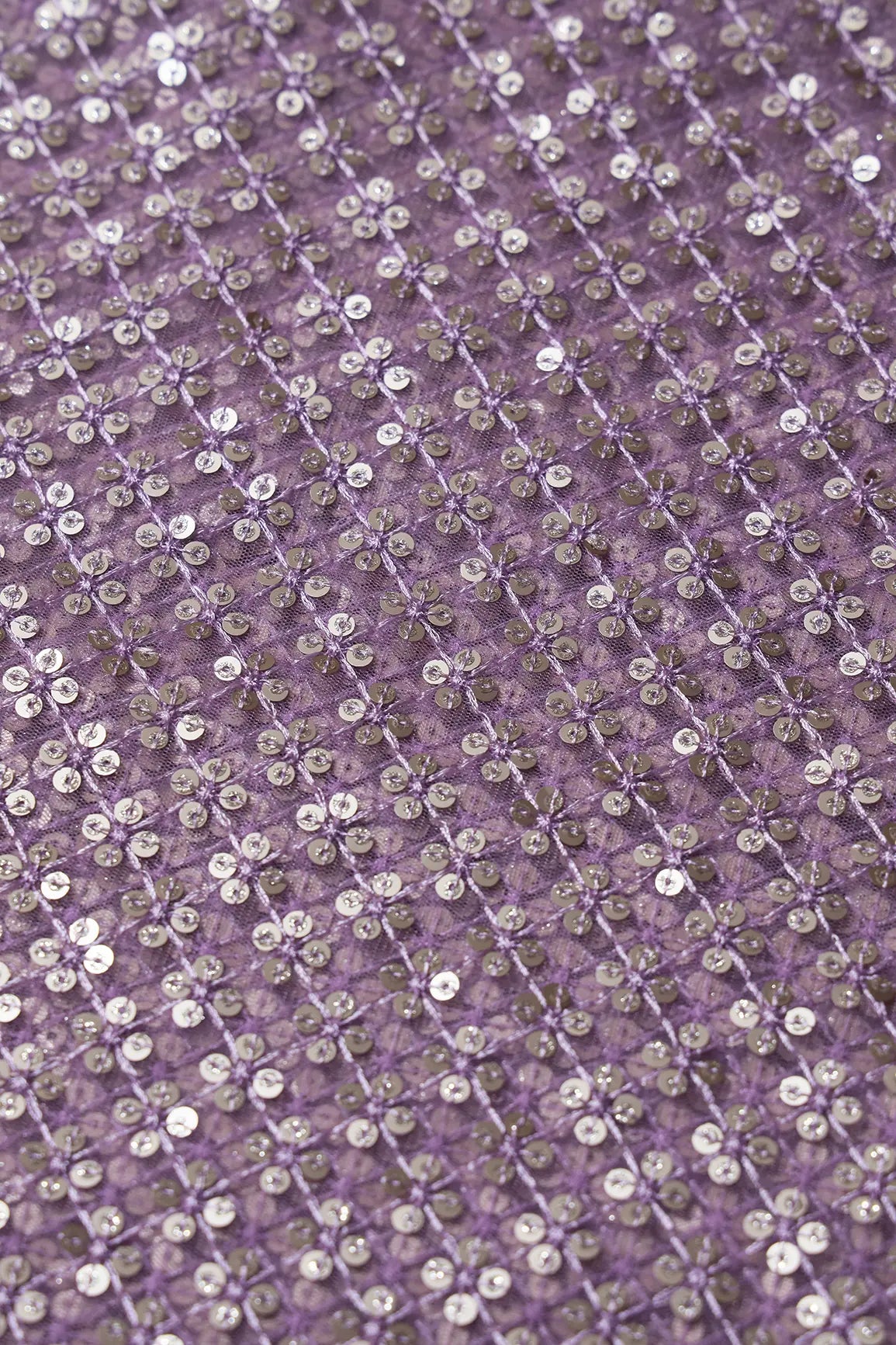 AIzaSyBcstauz-XMPRhEY21AUzeo032pxrXB5Ug - Lavender Thread With Gold Sequins Small Checks Embroidery On Lavender Soft Net Fabric