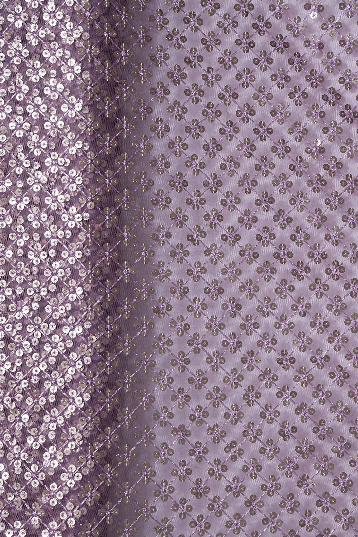 AIzaSyBcstauz-XMPRhEY21AUzeo032pxrXB5Ug - Lavender Thread With Gold Sequins Small Checks Embroidery On Lavender Soft Net Fabric