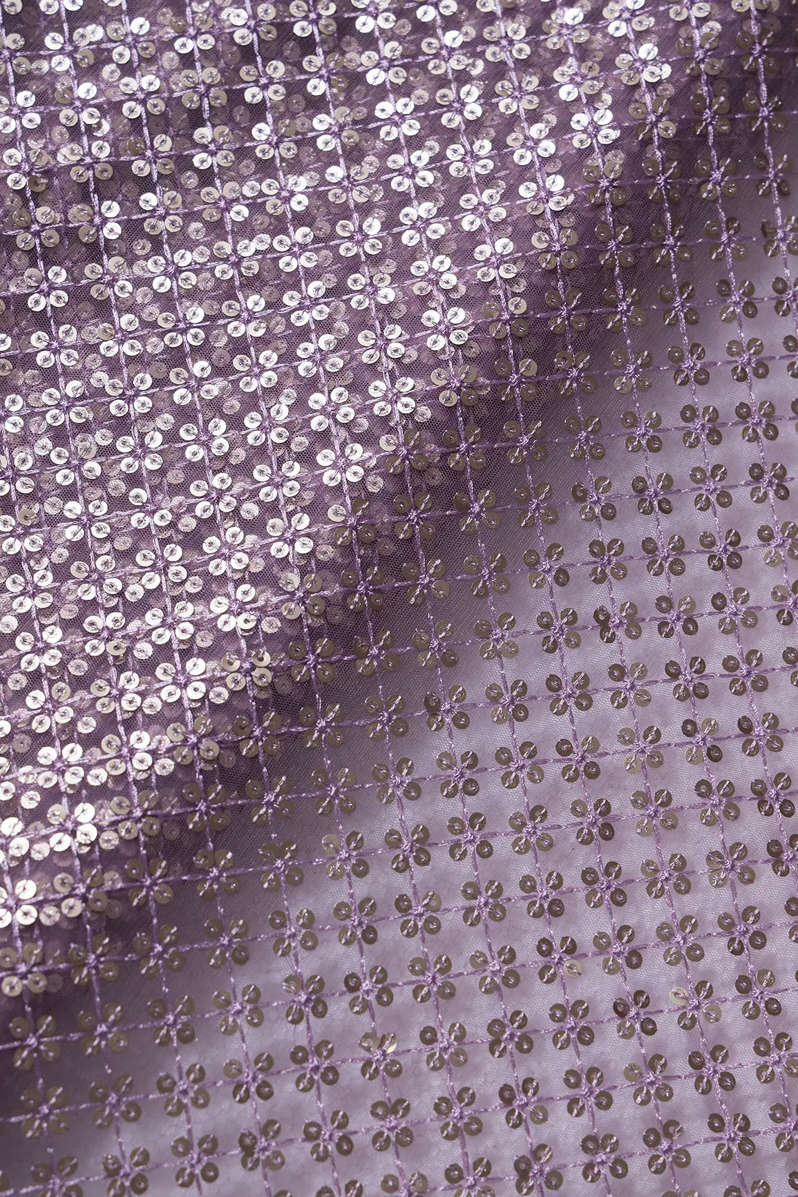 AIzaSyBcstauz-XMPRhEY21AUzeo032pxrXB5Ug - Lavender Thread With Gold Sequins Small Checks Embroidery On Lavender Soft Net Fabric