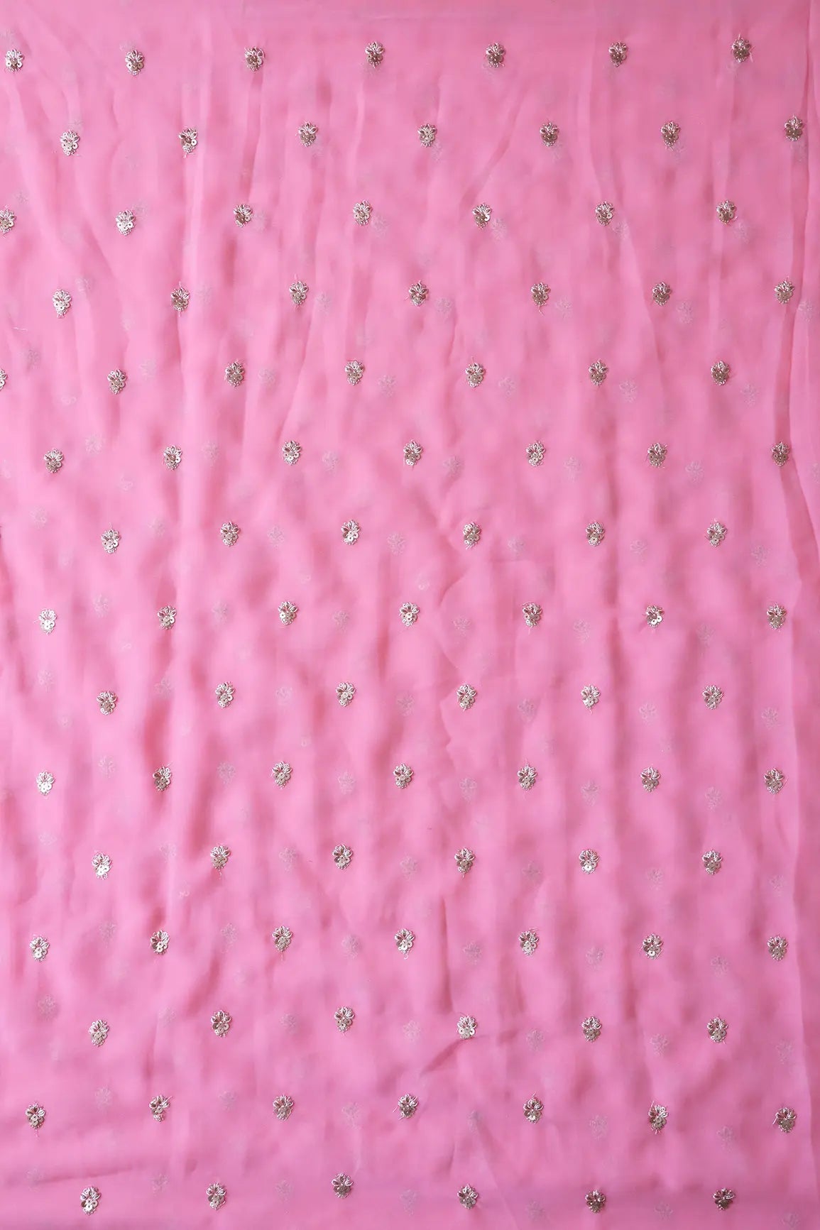 AIzaSyBcstauz-XMPRhEY21AUzeo032pxrXB5Ug - Gold Sequins With Zari Small Floral Booti Embroidery On Pink Georgette Fabric