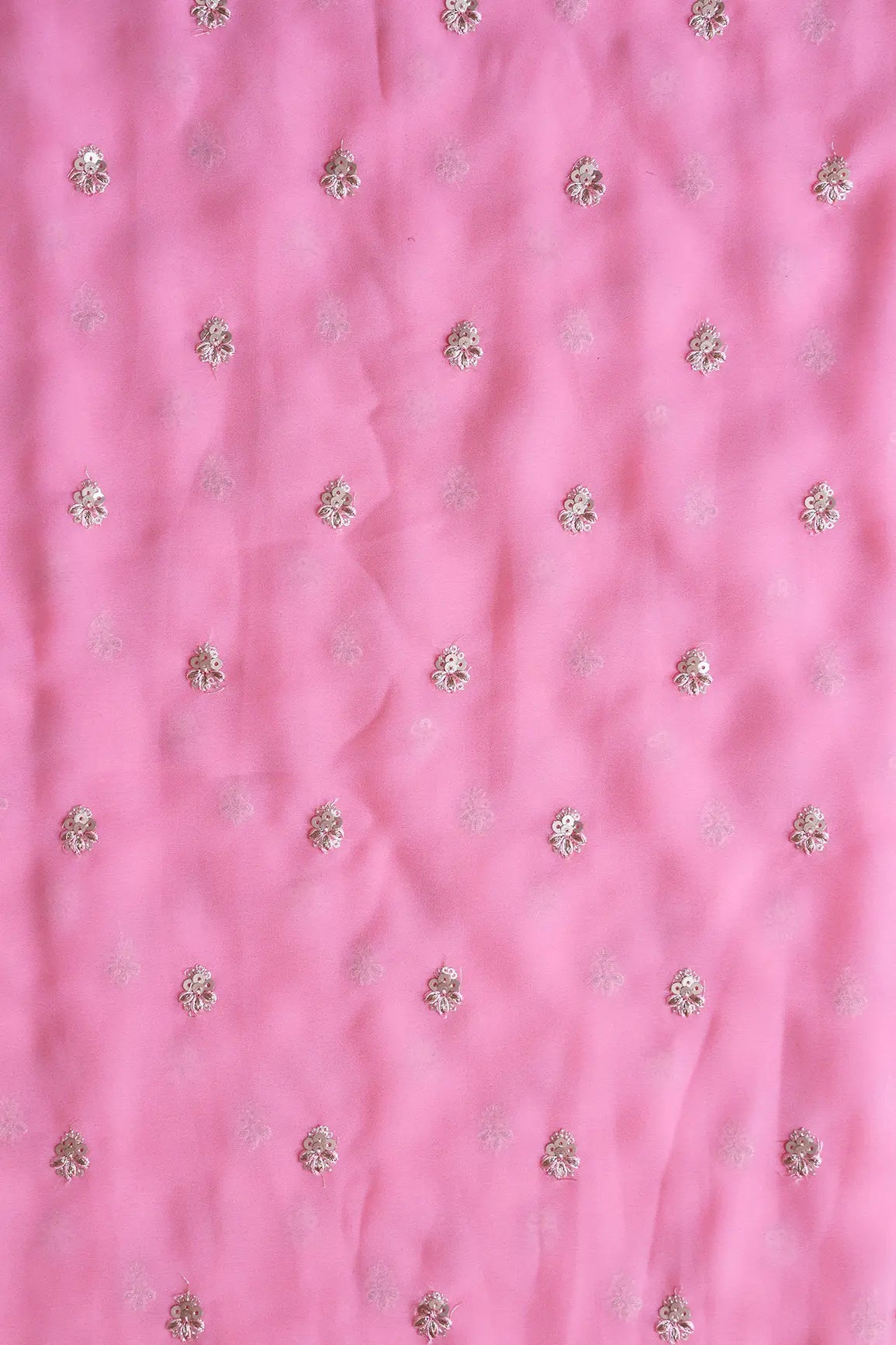 AIzaSyBcstauz-XMPRhEY21AUzeo032pxrXB5Ug - Gold Sequins With Zari Small Floral Booti Embroidery On Pink Georgette Fabric