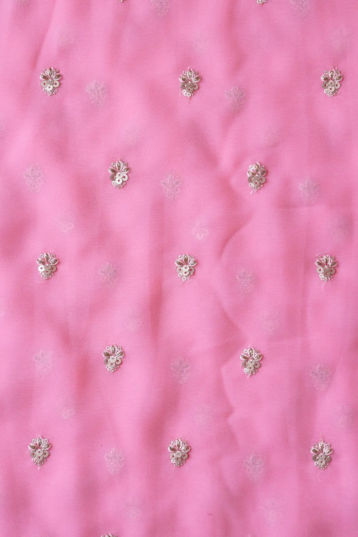 AIzaSyBcstauz-XMPRhEY21AUzeo032pxrXB5Ug - Gold Sequins With Zari Small Floral Booti Embroidery On Pink Georgette Fabric